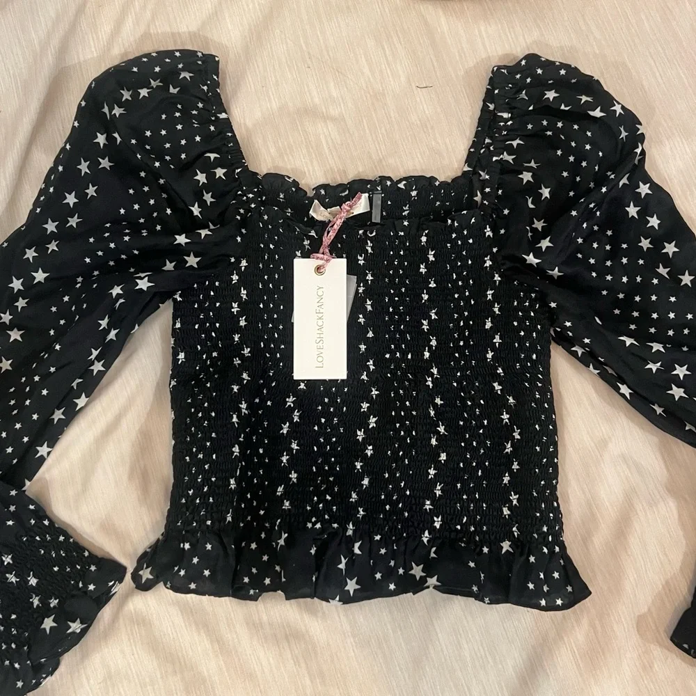 LoveShackFancy Russell Silk Black & White Star Top, NEW
